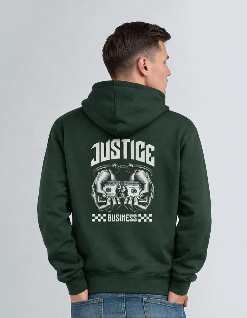 Person wearing a green hoodie with 'Justice Business' design on the back against a gray background